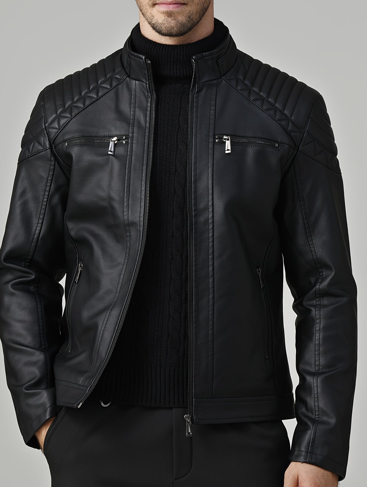 Men’s Leather Fleece Jacket – Stand Collar Biker Design for Autumn & Winter