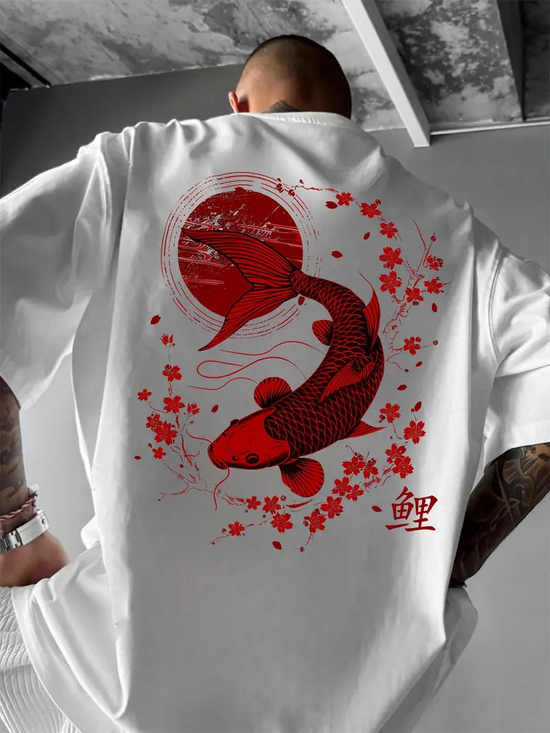 Men's Casual Koi & Cherry Blossom T-Shirt – Loose Fit Summer Top with Glossy Finish