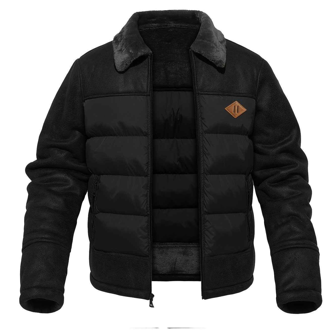 Herrjacka i vadderat tyg med konstpälskrage – Varm enfärgad dragkedjejacka