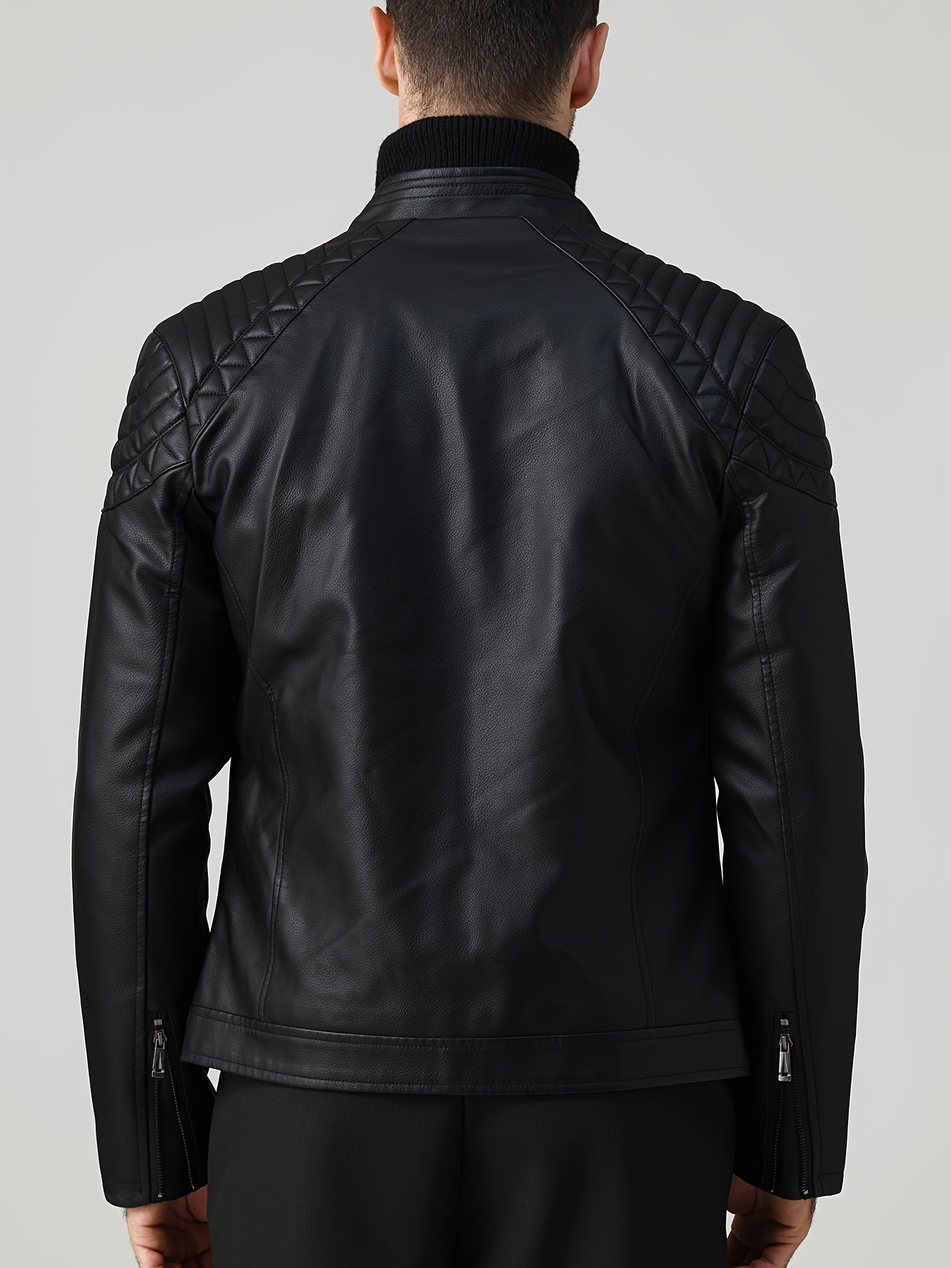 Men’s Leather Fleece Jacket – Stand Collar Biker Design for Autumn & Winter