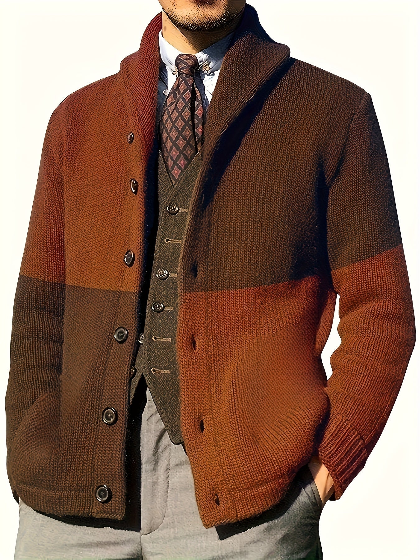 Men’s Thick Warm Cardigan – Block Knit Button-Up Jacket