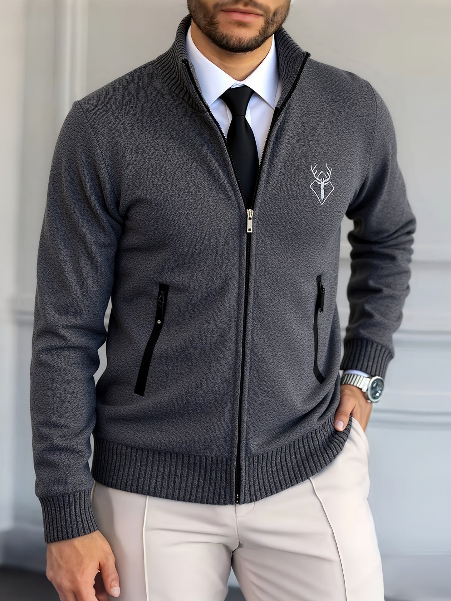 Men Lampweight Zip-Up Cardigan - Stand Collar Sweater Jacket