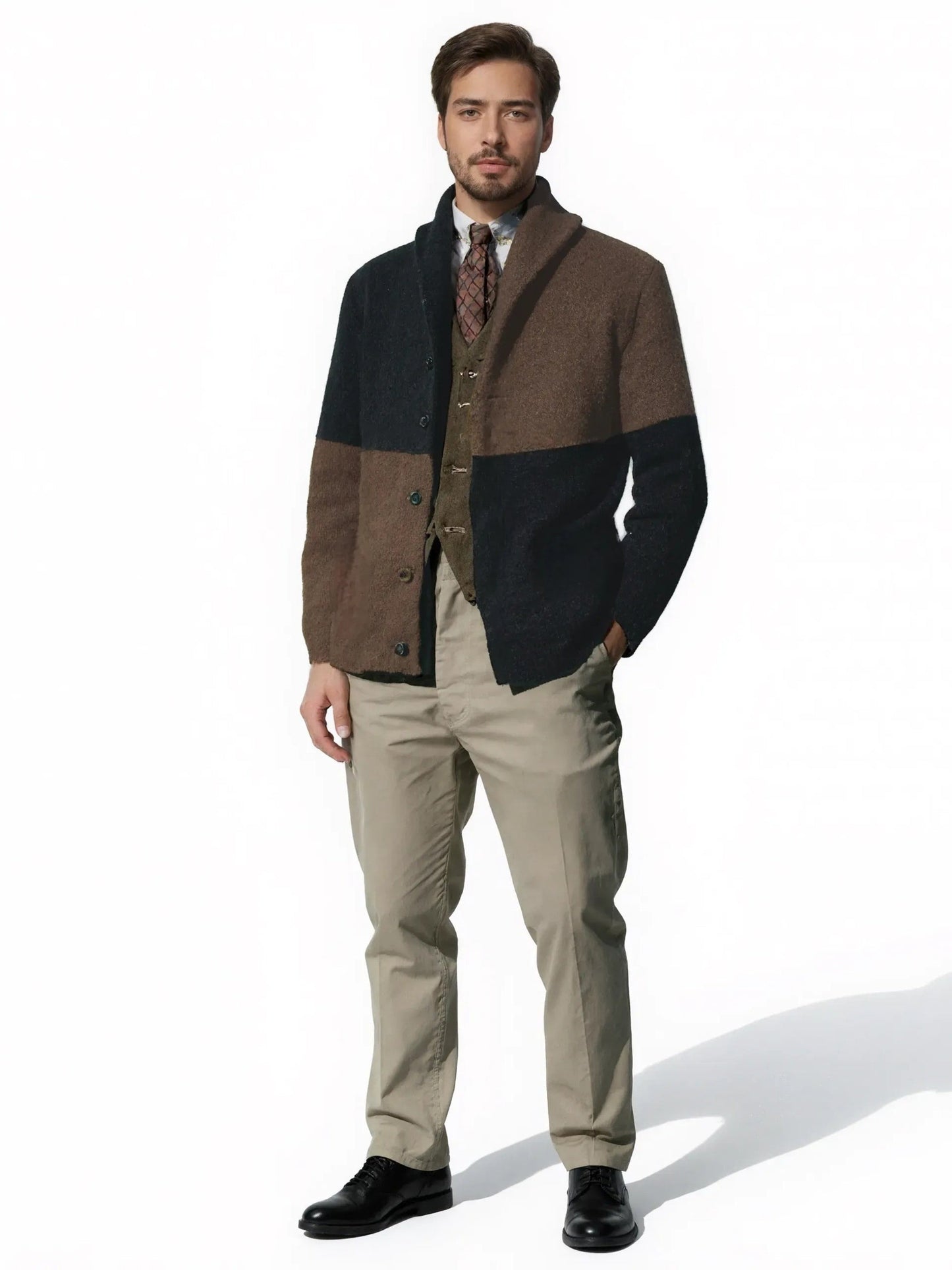 Men’s Thick Warm Cardigan – Block Knit Button-Up Jacket