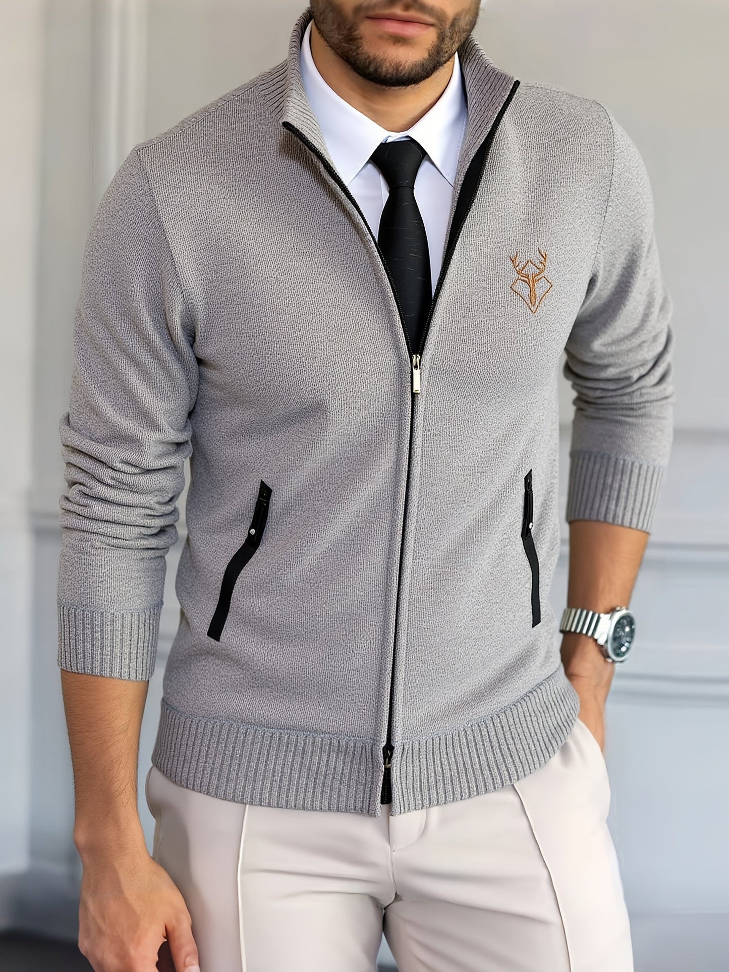 Men Lampweight Zip-Up Cardigan - Stand Collar Sweater Jacket