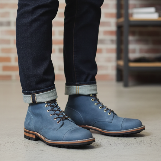 Herrstövlar i läderimitation med snörning och tåhätta – Ankelstövlar med halkfri gummisula