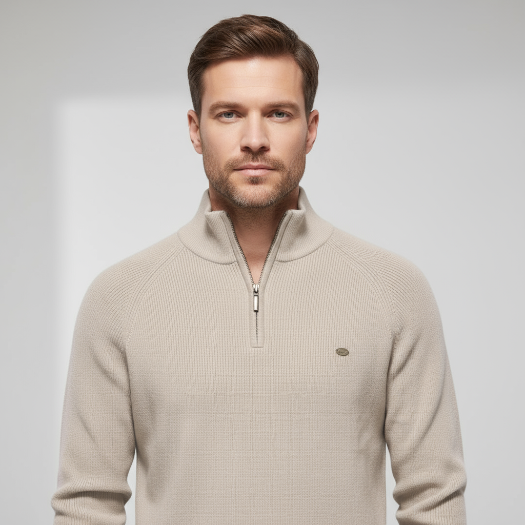 Herrtröja – Mjukt Tyg – Klassisk Passform – Halvdragkedja – Ribbstickad Kant