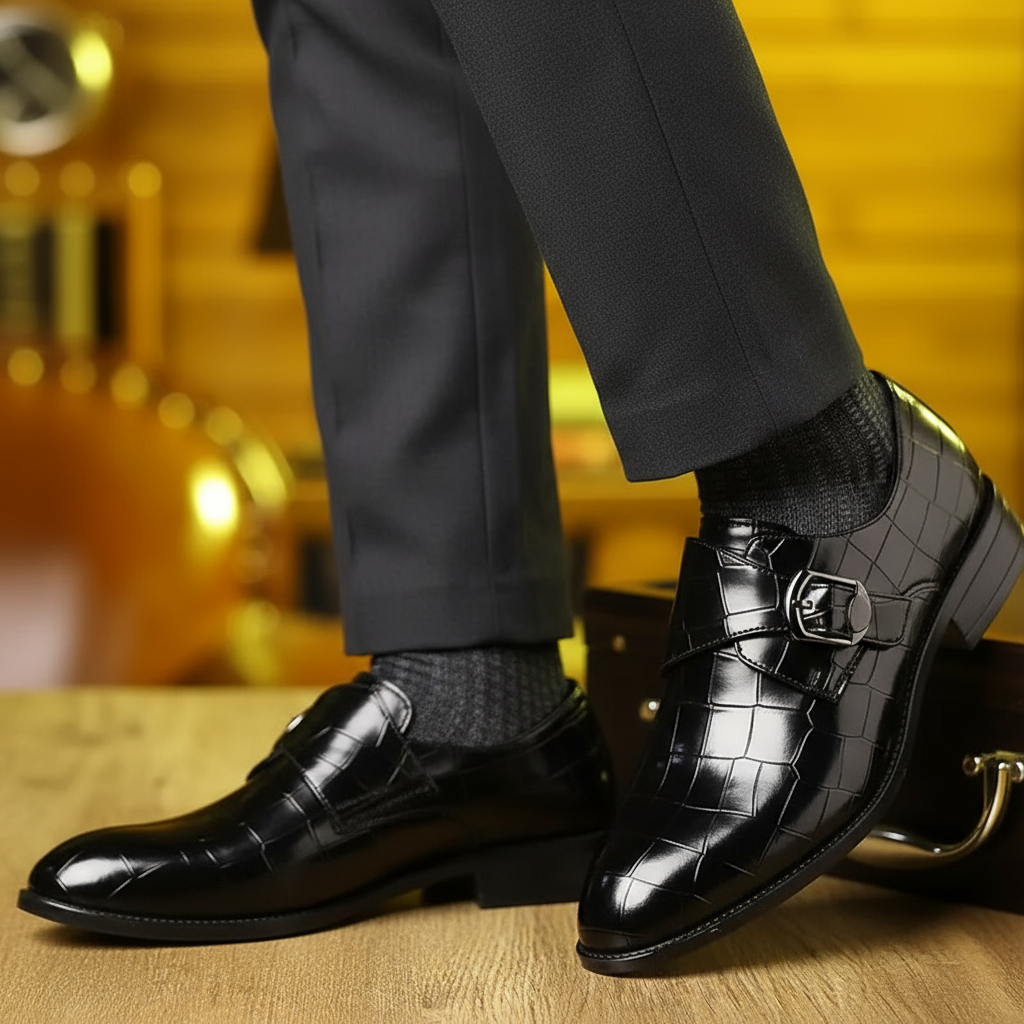 Solorfit | Loafers med krokodilmönster för herr – Stilfulla spänndetaljer och avsmalnande tå