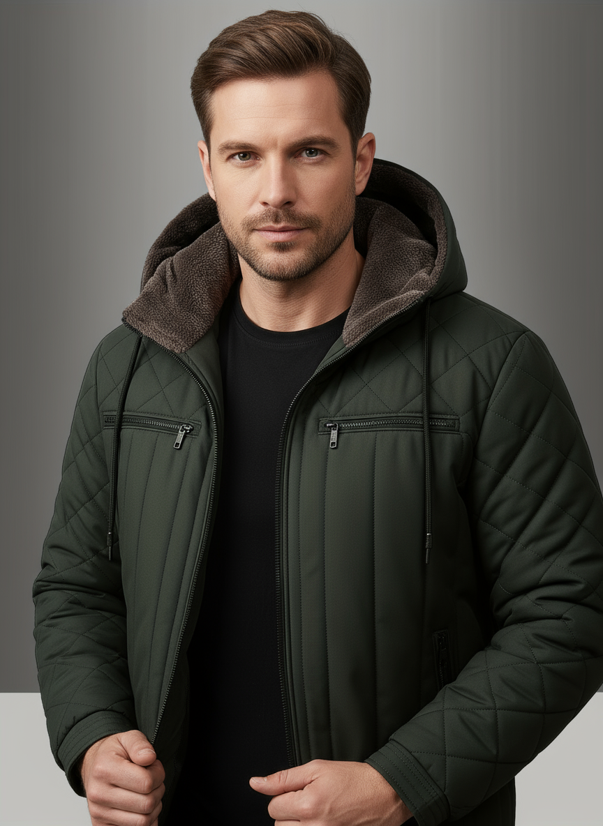 Herrens tungviktiga vinterjacka – termoisolerad huva för kallt väder